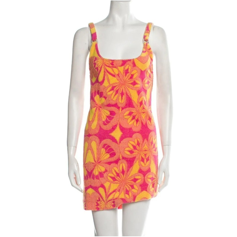 PRISCAVera Terry Cloth Floral Print Mini Dress Pink Yellow Square Neck Backless